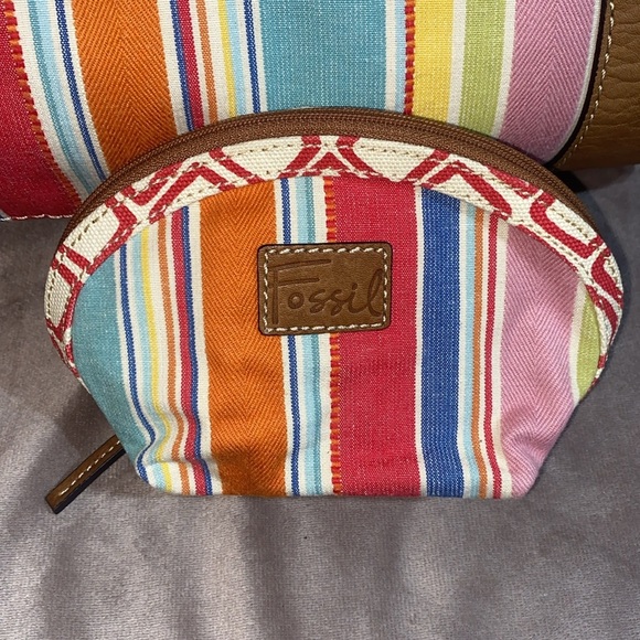 Vintage Fossil Handbag Tote Hobo Canvas Leather Trim Colorful Stripes ๐ - Picture 11 of 16